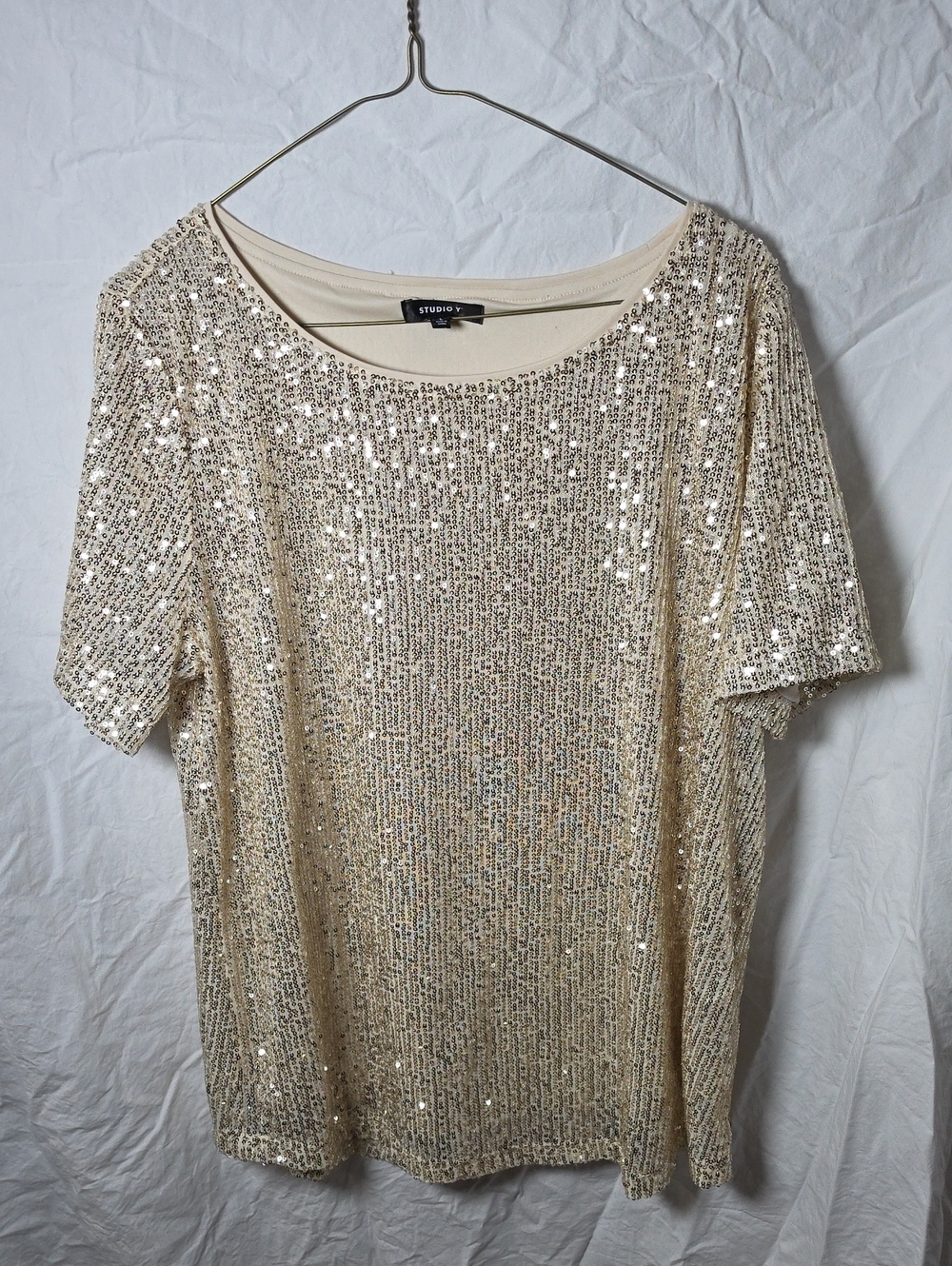 Maurices Studio Y Cream Sequin Short Sleeve Top